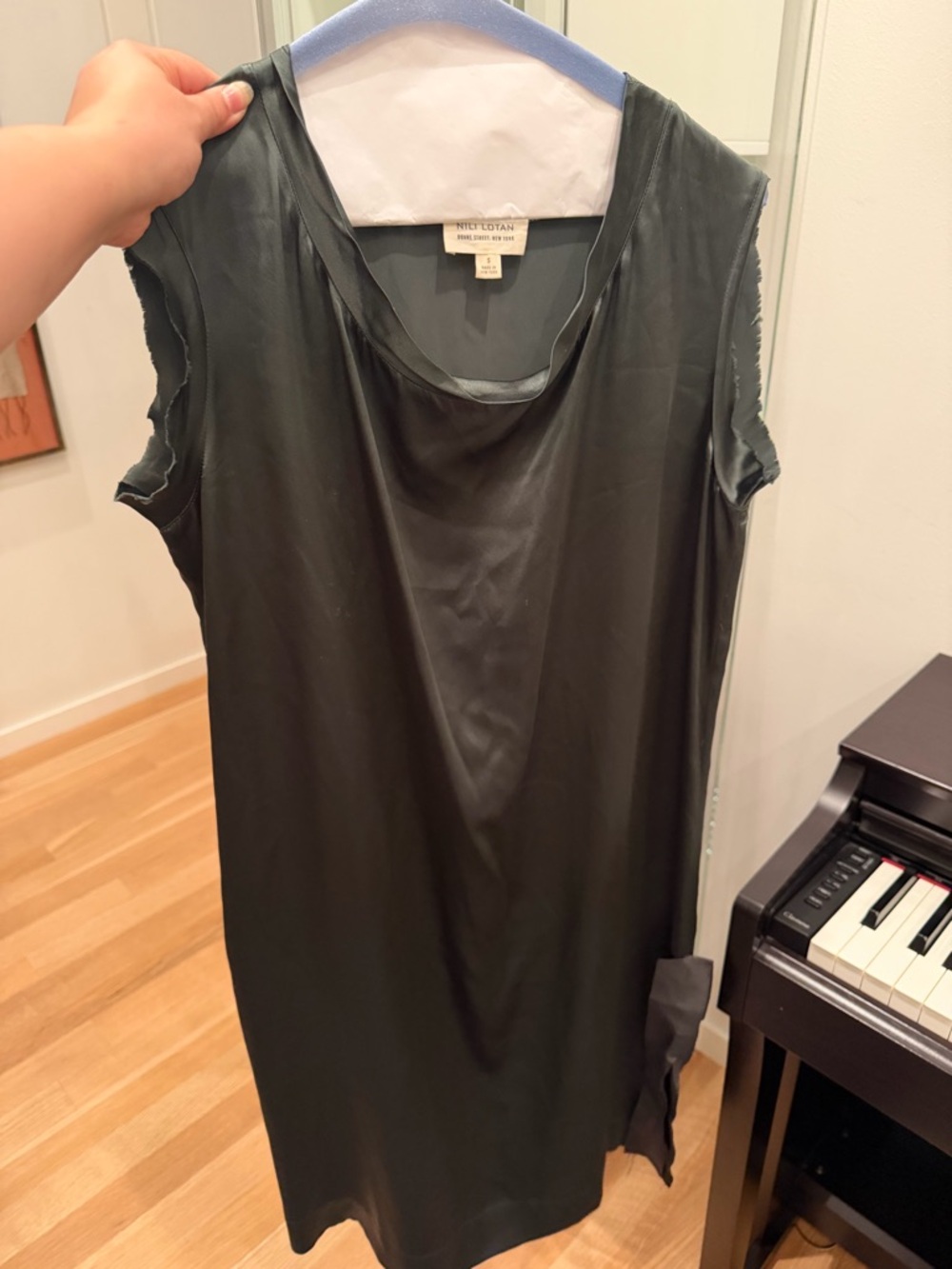 Nili Lotan Dark Olive Silk Scoop Neck Shift Dress